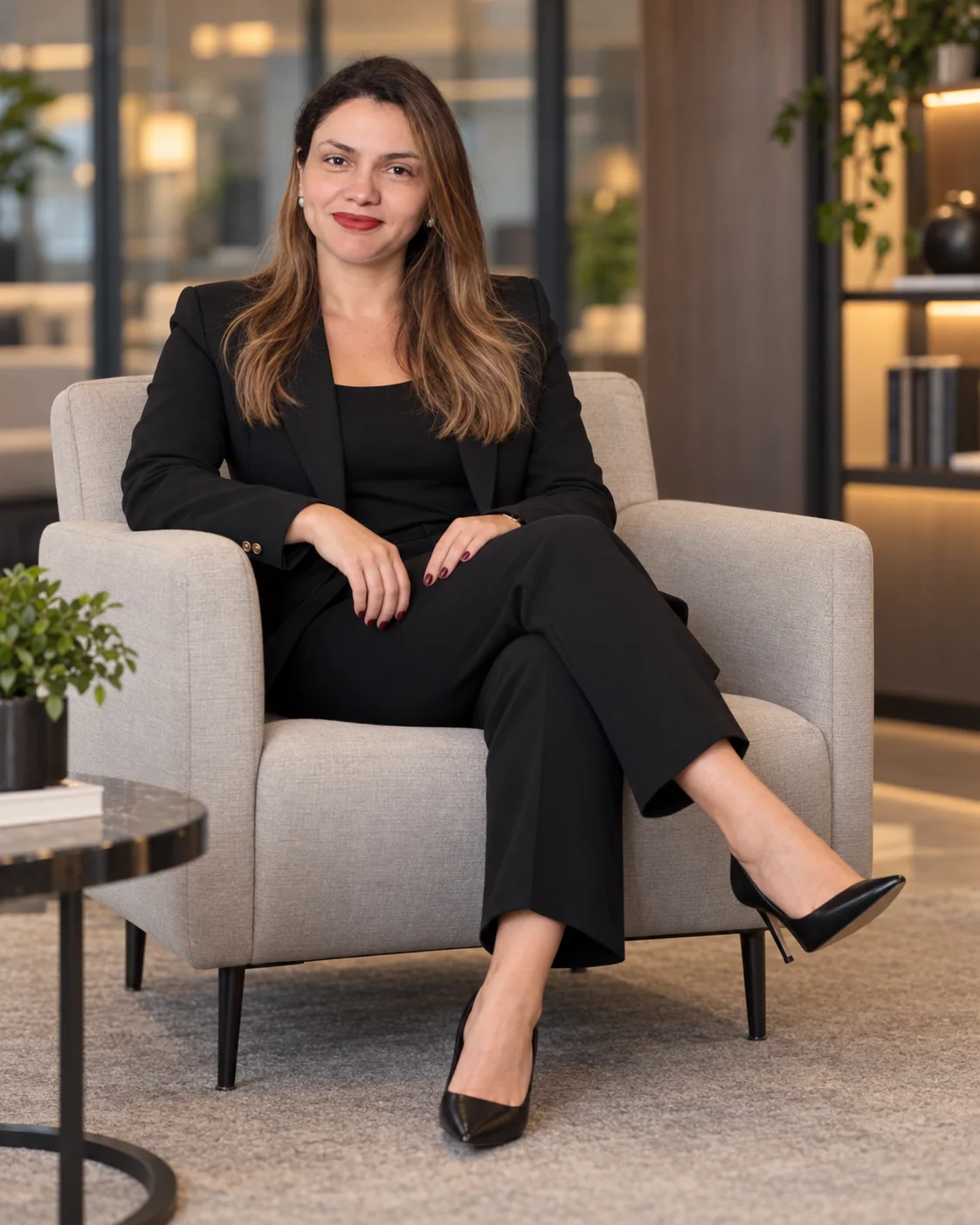 Nathalia com traje executivo preto, sentada em ambiente corporativo contemporâneo
